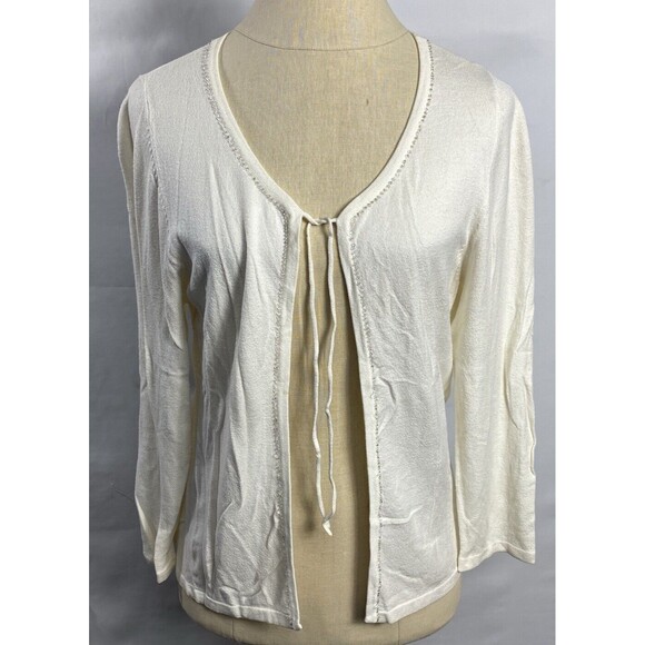lamberto losani Italy Women Open Knit Embellish Cardigan Size I 42 Ivory - Picture 1 of 7